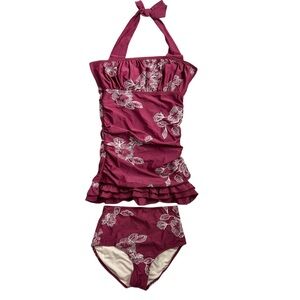 DM FASHION Women’s Tankini Swimsuit Red Plum Embroidery‎ Floral Top S/Bottom XS